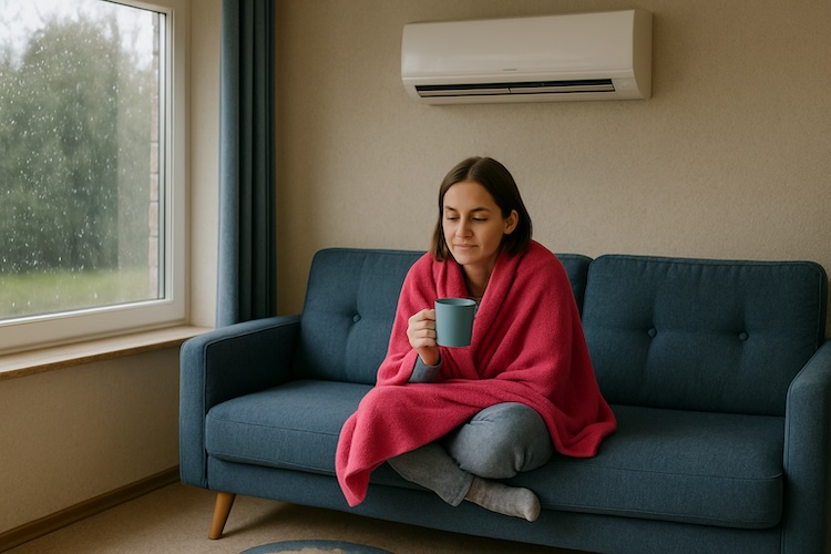 lady sitting on a couch with a blanket around her and reverse cycle heater
