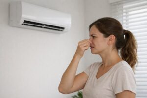 smelly split system ac lady holding noise