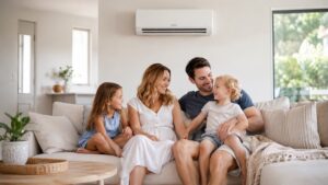 family sitting under reverse cycle split system with heater on