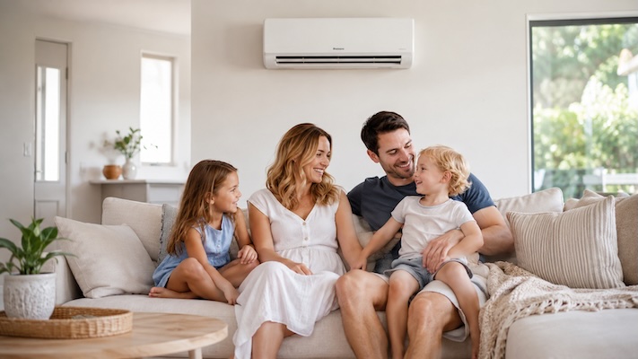 family sitting under reverse cycle split system with heater on