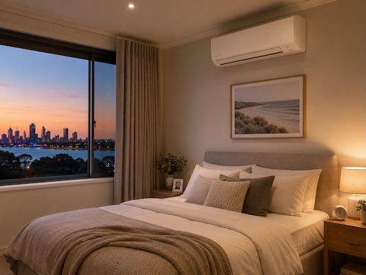 daikin split system air con in bedroom with quiet mode on
