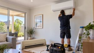 man replacing old split system ac with brand new split system ac