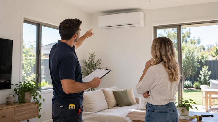 person pointing at a split system